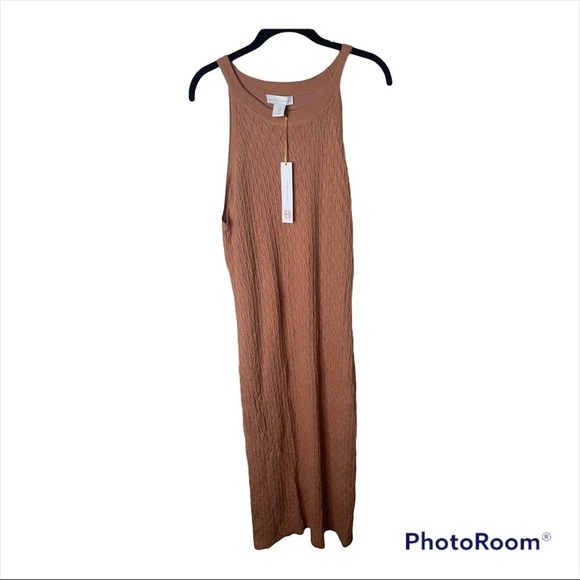 NWT HOUSE OF HARLOW 1960 Revolve Tan Crochet High Neck Bodycon Midi Dress Large - Picture 4 of 8